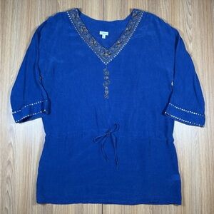 J Jill Sequin Embellished Tunic Top Blue Crinkle Womens M Gypsy Luxe Bohemian